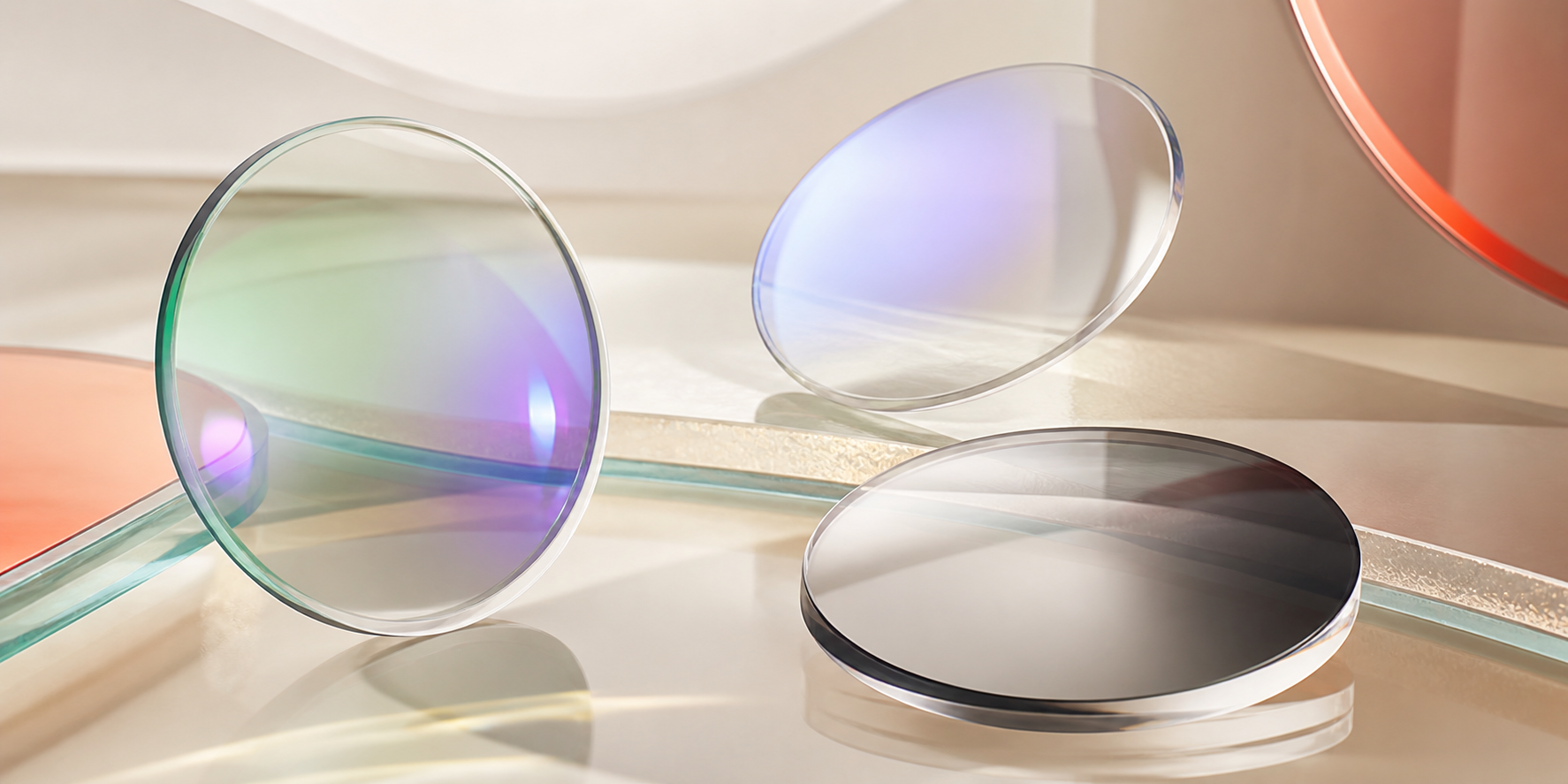 Tres micas ópticas con distintos reflejos, filtros y tonalidades